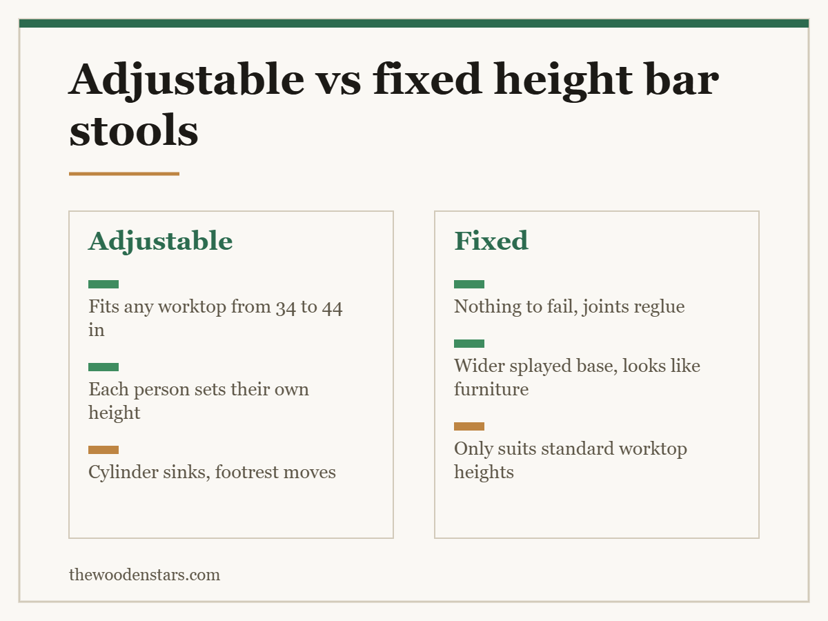 Comparison card for adjustable vs fixed height bar stools: Adjustable — Fits any worktop from 34 to 44 in; Each person sets their own height; Cylinder sinks, footrest moves. Fixed — Nothing to fail, joints reglue; Wider splayed base, looks like furniture; Only suits standard worktop heights.