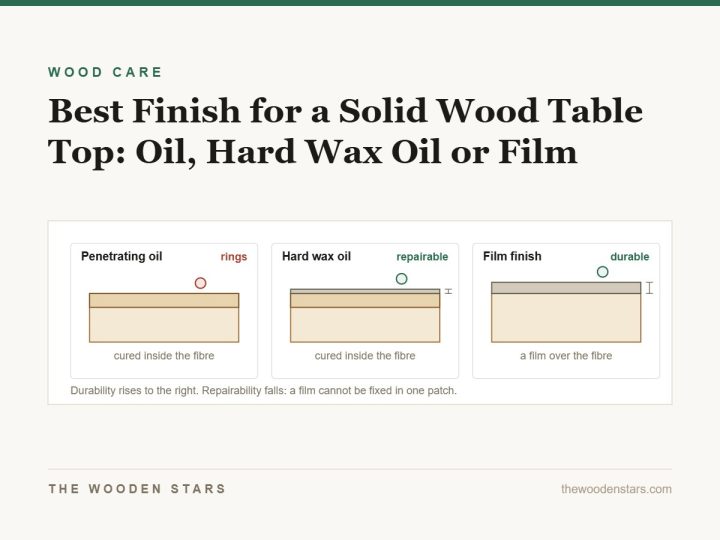 Cross-sections showing oil inside the wood, hard wax oil part in part on, and a film finish on top