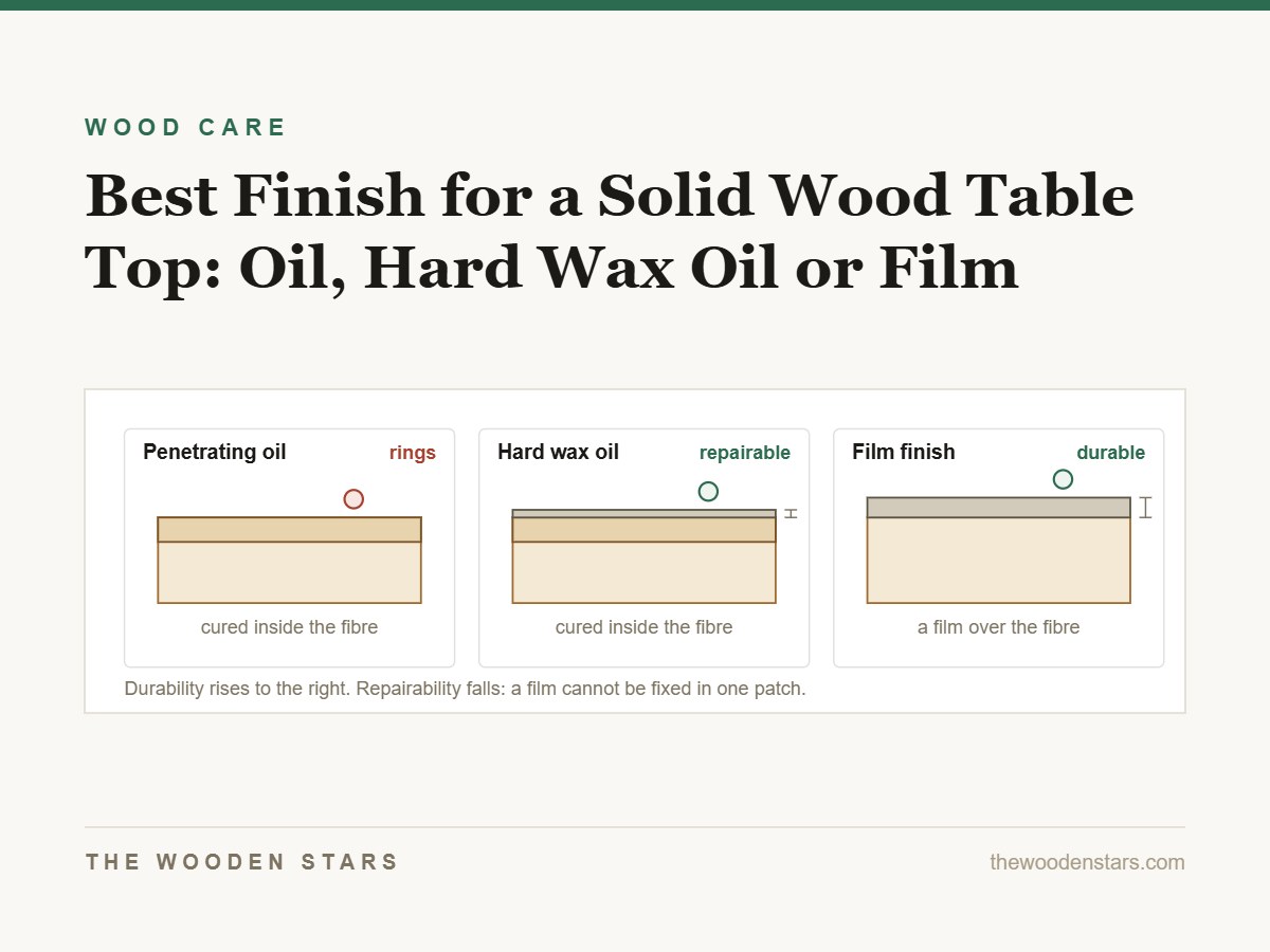 Cross-sections showing oil inside the wood, hard wax oil part in part on, and a film finish on top