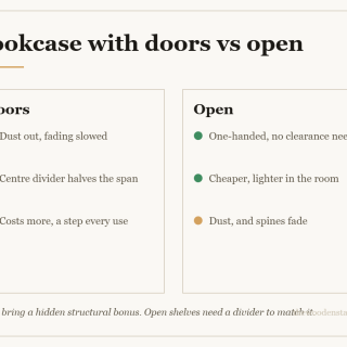 Comparison card for bookcase with doors vs open: Doors — Dust out, fading slowed; Centre divider halves the span; Costs more, a step every use. Open — One-handed, no clearance needed; Cheaper, lighter in the room; Dust, and spines fade.