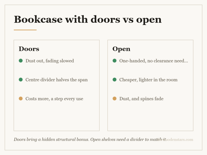 Comparison card for bookcase with doors vs open: Doors — Dust out, fading slowed; Centre divider halves the span; Costs more, a step every use. Open — One-handed, no clearance needed; Cheaper, lighter in the room; Dust, and spines fade.