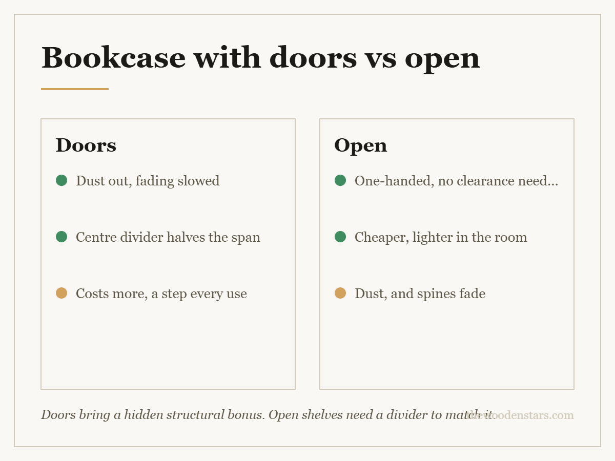 Comparison card for bookcase with doors vs open: Doors — Dust out, fading slowed; Centre divider halves the span; Costs more, a step every use. Open — One-handed, no clearance needed; Cheaper, lighter in the room; Dust, and spines fade.