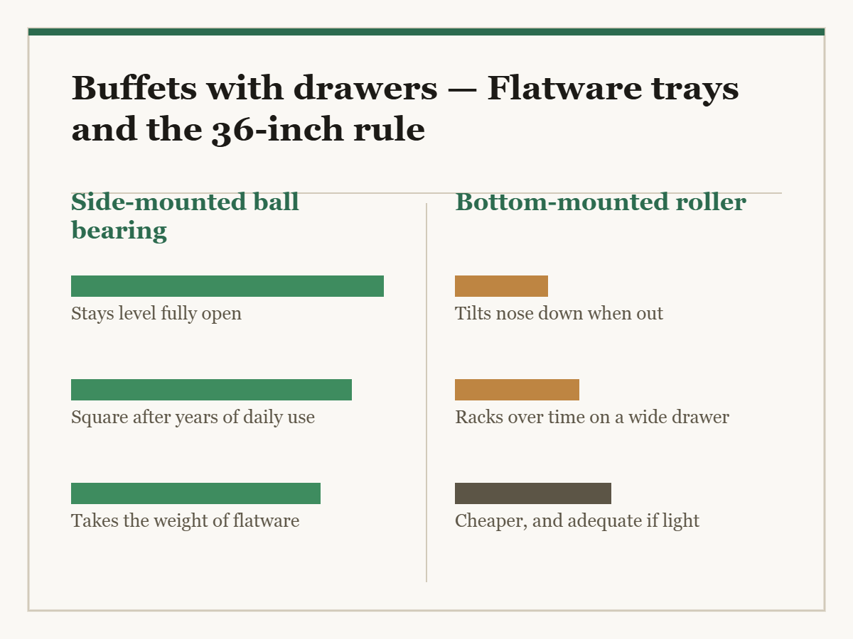 Buffets with drawers: a two-column diagram in the site style. The left column is Side-mounted ball bearing and the right column is Bottom-mounted roller, with a bar for each point showing how the two compare.
