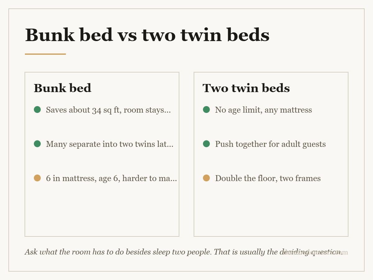 Comparison card for bunk bed vs two twin beds: Bunk bed — Saves about 34 sq ft, room stays whole; Many separate into two twins later; 6 in mattress, age 6, harder to make. Two twin beds — No age limit, any mattress; Push together for adult guests; Double the floor, two frames.