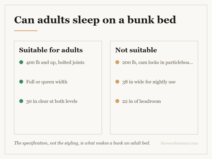 Comparison card for can adults sleep on a bunk bed: Suitable for adults — 400 lb and up, bolted joints; Full or queen width; 30 in clear at both levels. Not suitable — 200 lb, cam locks in particleboard; 38 in wide for nightly use; 22 in of headroom.