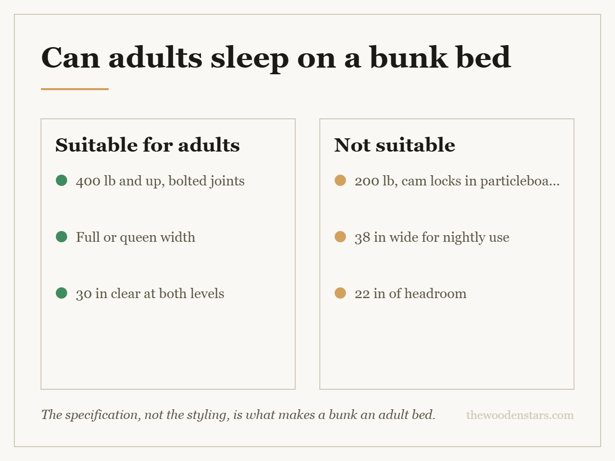 Comparison card for can adults sleep on a bunk bed: Suitable for adults — 400 lb and up, bolted joints; Full or queen width; 30 in clear at both levels. Not suitable — 200 lb, cam locks in particleboard; 38 in wide for nightly use; 22 in of headroom.
