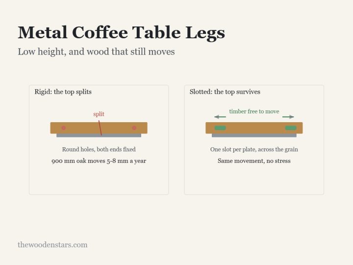 Metal Coffee Table Legs: Low height, and wood that still moves. Diagram from the article.