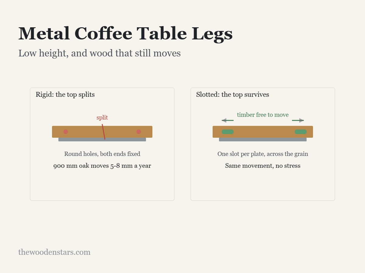 Metal Coffee Table Legs: Low height, and wood that still moves. Diagram from the article.