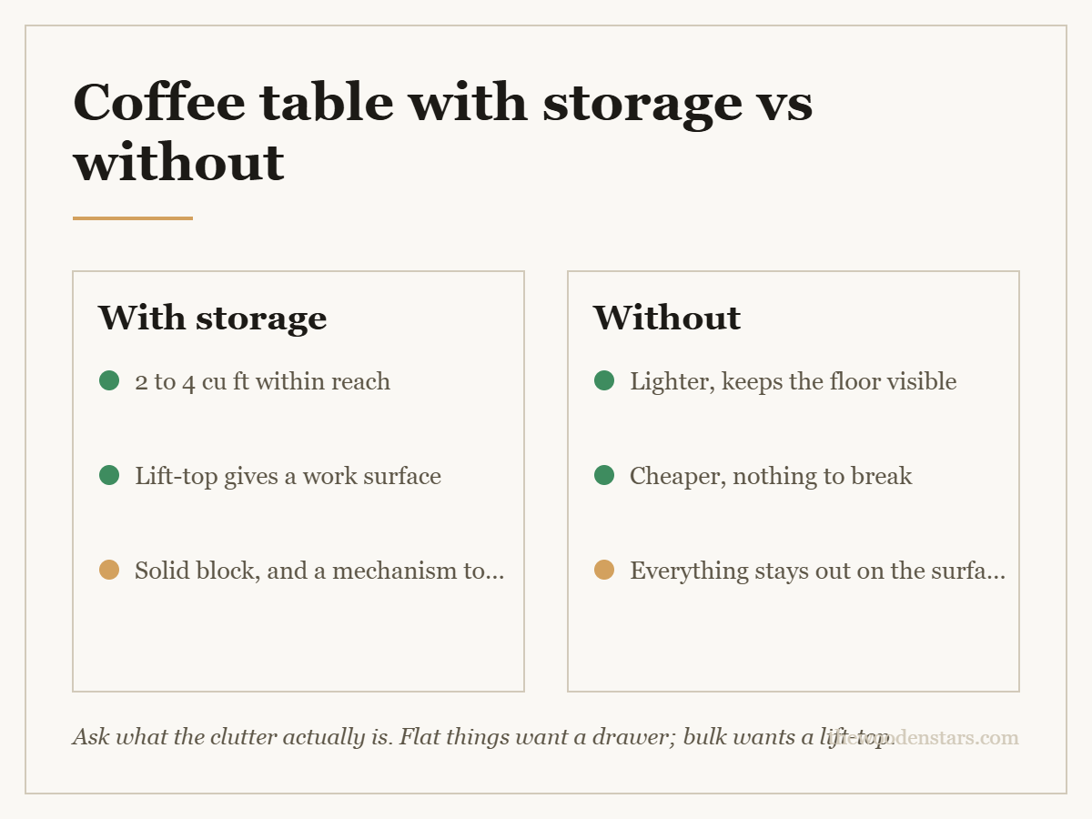 Comparison card for coffee table with storage vs without: With storage — 2 to 4 cu ft within reach; Lift-top gives a work surface; Solid block, and a mechanism to fail. Without — Lighter, keeps the floor visible; Cheaper, nothing to break; Everything stays out on the surface.