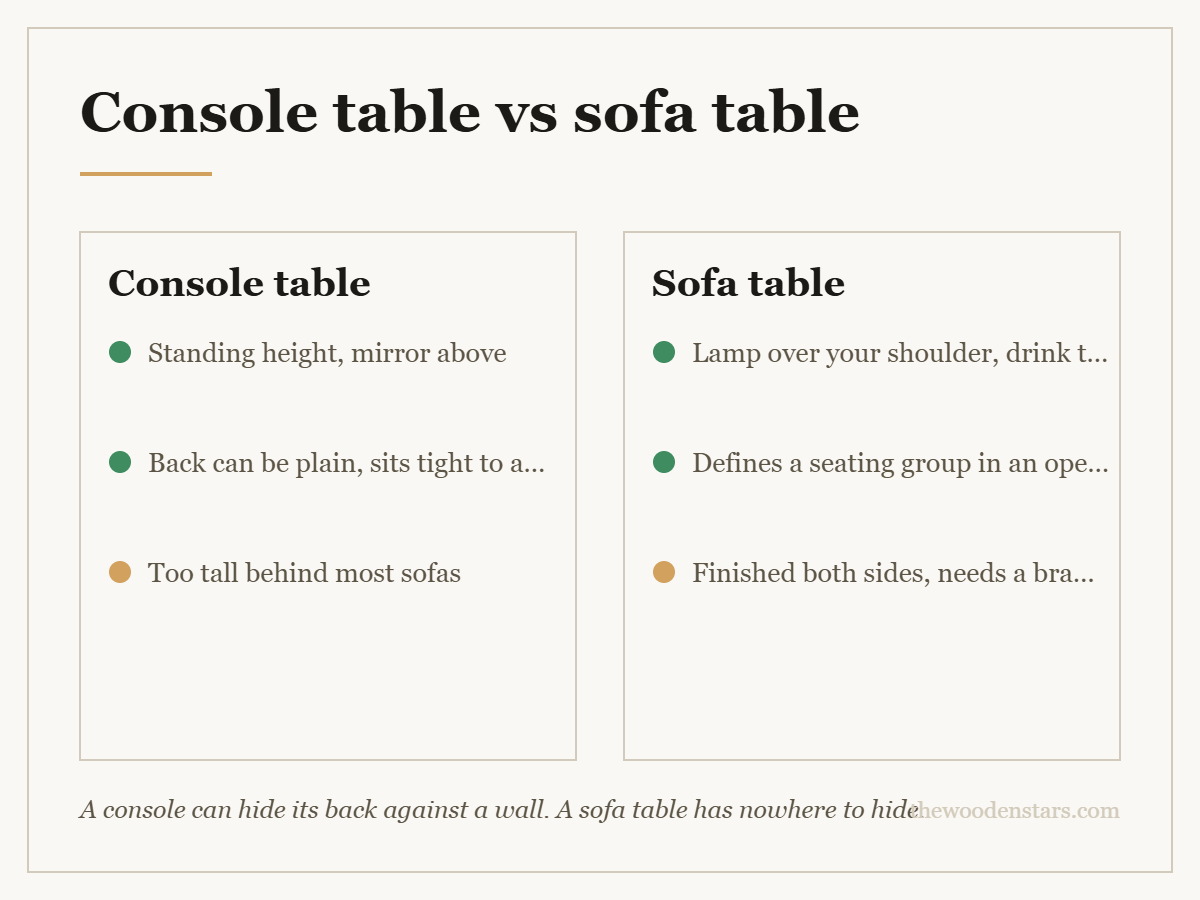 Comparison card for console table vs sofa table: Console table — Standing height, mirror above; Back can be plain, sits tight to a wall; Too tall behind most sofas. Sofa table — Lamp over your shoulder, drink to hand; Defines a seating group in an open room; Finished both sides, needs a brace.