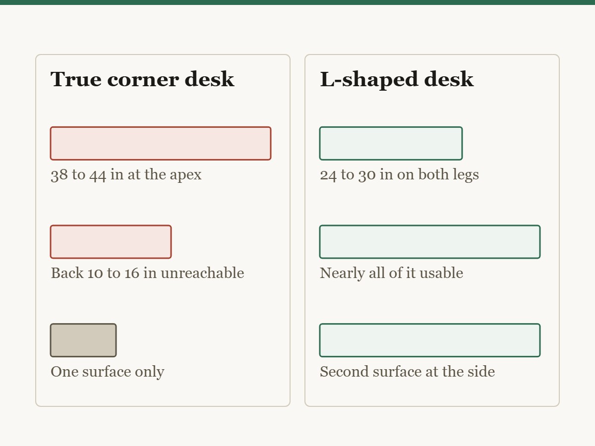 Diagram comparing a true corner desk with an L-shaped one. A true corner desk is 38 to 44 inches deep at the apex, which is beyond seated reach, so part of the surface is unusable. An L-shaped desk keeps both legs at a normal 24 to 30 inch depth and adds a second usable surface.
