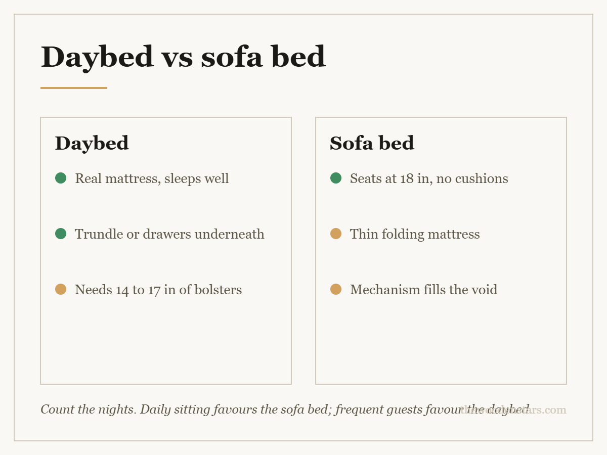 Comparison card for daybed vs sofa bed: Daybed — Real mattress, sleeps well; Trundle or drawers underneath; Needs 14 to 17 in of bolsters. Sofa bed — Seats at 18 in, no cushions; Thin folding mattress; Mechanism fills the void.