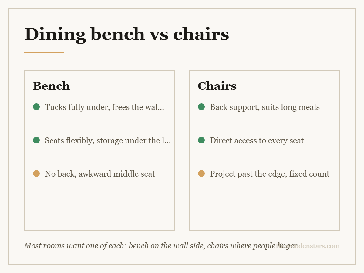 Comparison card for dining bench vs chairs: Bench — Tucks fully under, frees the walkway; Seats flexibly, storage under the lid; No back, awkward middle seat. Chairs — Back support, suits long meals; Direct access to every seat; Project past the edge, fixed count.