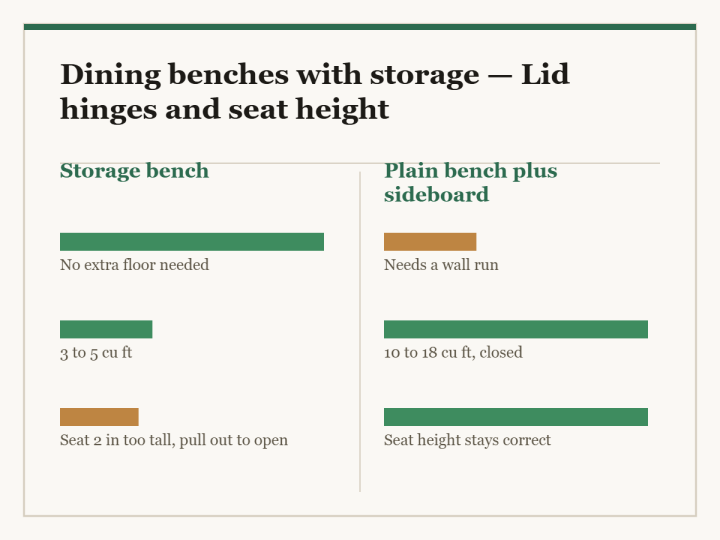 Dining benches with storage: a two-column diagram in the site style. The left column is Storage bench and the right column is Plain bench plus sideboard, with a bar for each point showing how the two compare.