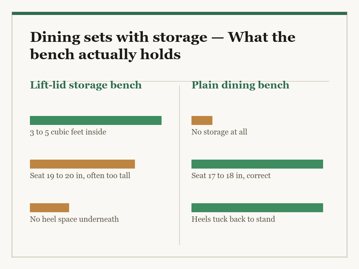 Dining sets with storage: a two-column comparison diagram in the site style, showing what each option gives you and what it costs.