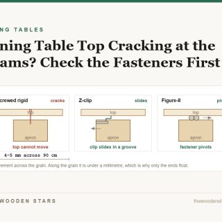 Three ways a table top is held down: rigid screw, Z-clip in a groove, and a pivoting figure-8