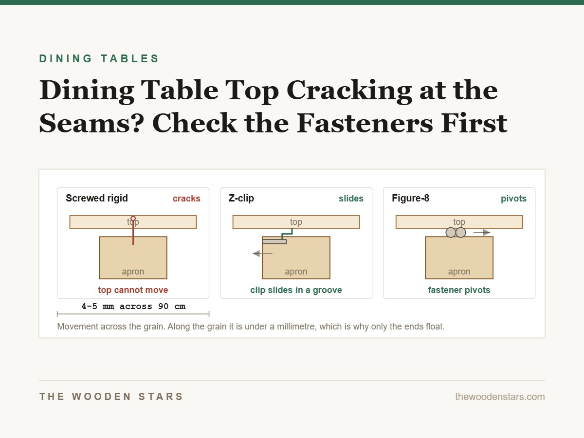 Three ways a table top is held down: rigid screw, Z-clip in a groove, and a pivoting figure-8