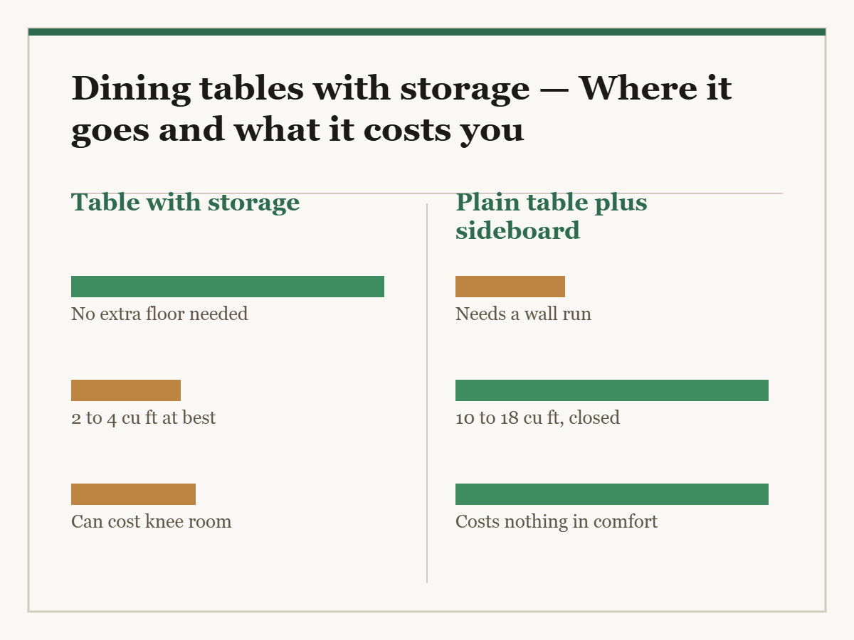 Dining tables with storage: a two-column diagram in the site style. The left column is Table with storage and the right column is Plain table plus sideboard, with a bar for each point showing how the two compare.