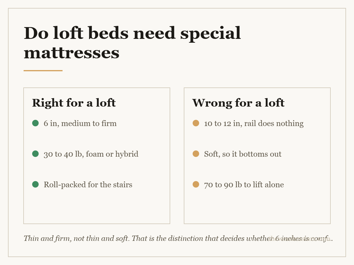 Comparison card for do loft beds need special mattresses: Right for a loft — 6 in, medium to firm; 30 to 40 lb, foam or hybrid; Roll-packed for the stairs. Wrong for a loft — 10 to 12 in, rail does nothing; Soft, so it bottoms out; 70 to 90 lb to lift alone.