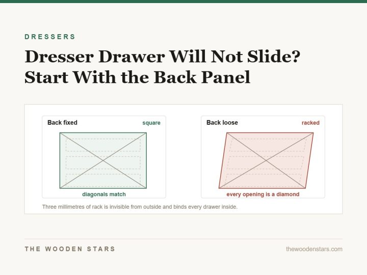 A dresser carcass square, and the same carcass racked so every drawer opening is a diamond