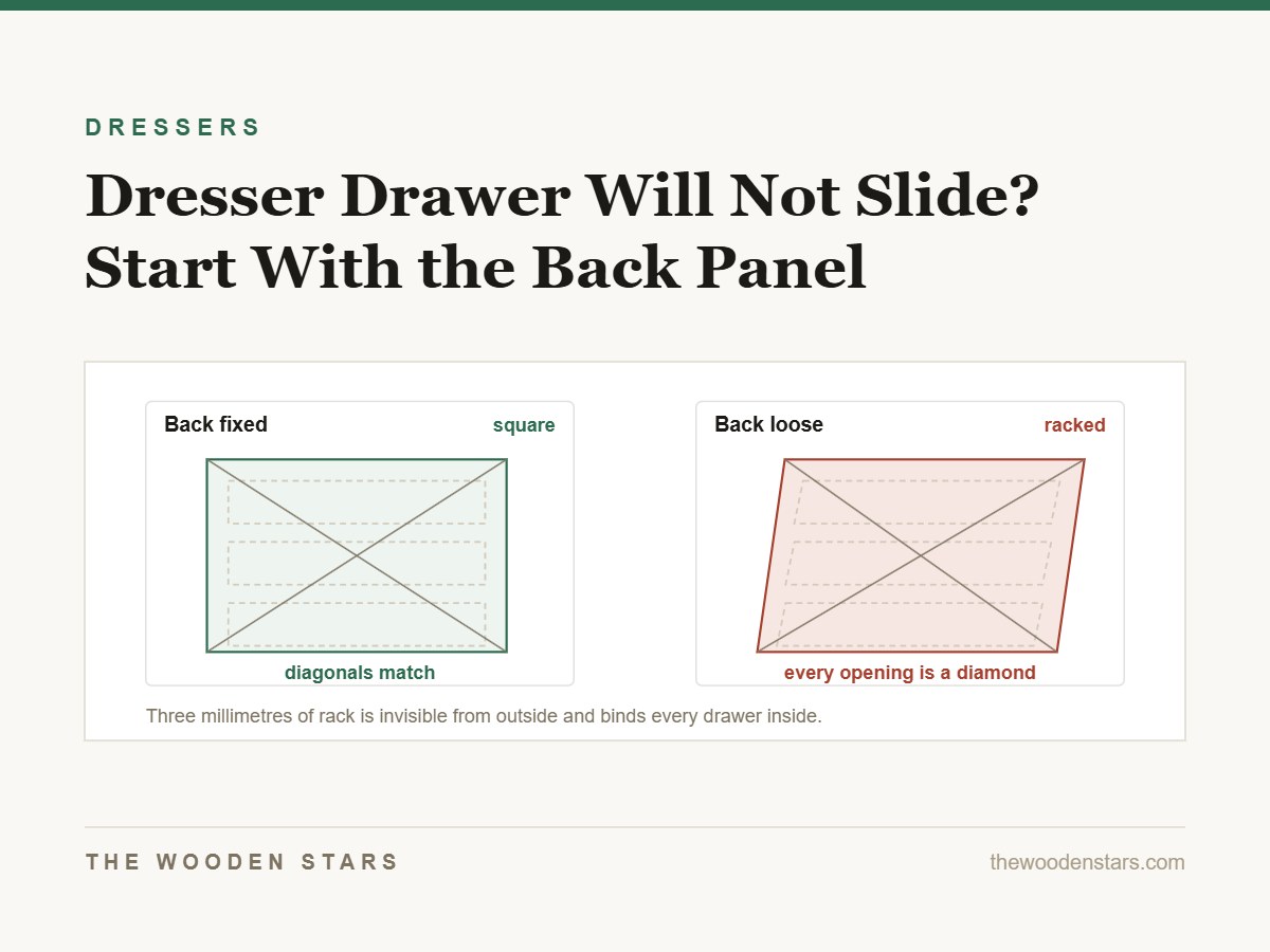 A dresser carcass square, and the same carcass racked so every drawer opening is a diamond