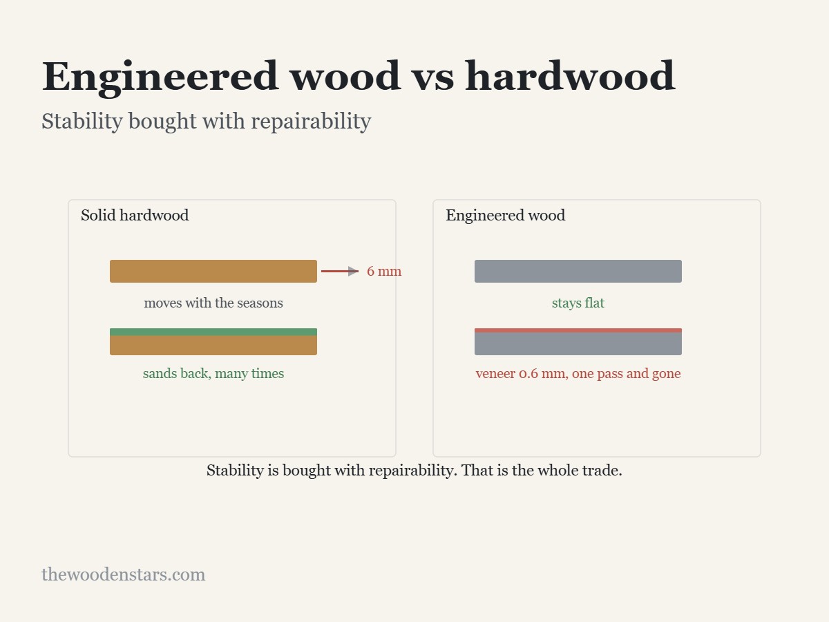 Engineered wood vs hardwood: Stability bought with repairability. Diagram from the article.