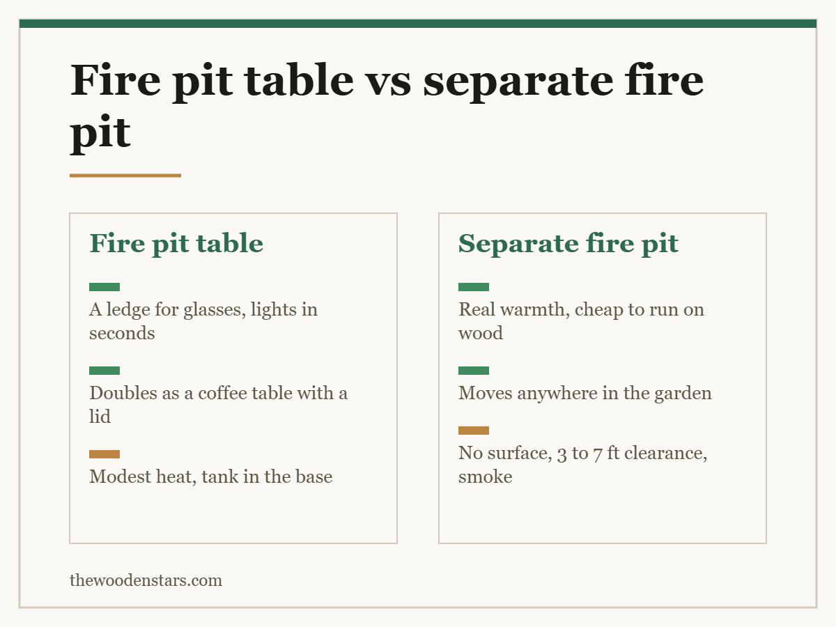Comparison card for fire pit table vs separate fire pit: Fire pit table — A ledge for glasses, lights in seconds; Doubles as a coffee table with a lid; Modest heat, tank in the base. Separate fire pit — Real warmth, cheap to run on wood; Moves anywhere in the garden; No surface, 3 to 7 ft clearance, smoke.