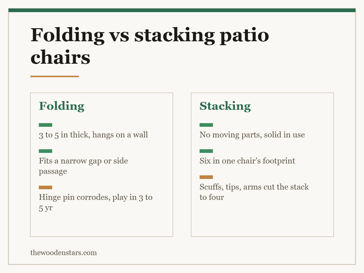 Comparison card for folding vs stacking patio chairs: Folding — 3 to 5 in thick, hangs on a wall; Fits a narrow gap or side passage; Hinge pin corrodes, play in 3 to 5 yr. Stacking — No moving parts, solid in use; Six in one chair's footprint; Scuffs, tips, arms cut the stack to four.
