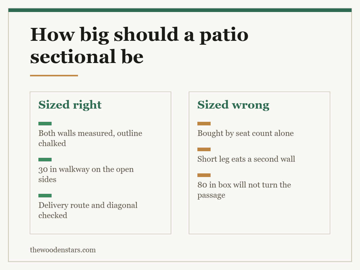 Comparison card for how big should a patio sectional be: Sized right — Both walls measured, outline chalked; 30 in walkway on the open sides; Delivery route and diagonal checked. Sized wrong — Bought by seat count alone; Short leg eats a second wall; 80 in box will not turn the passage.