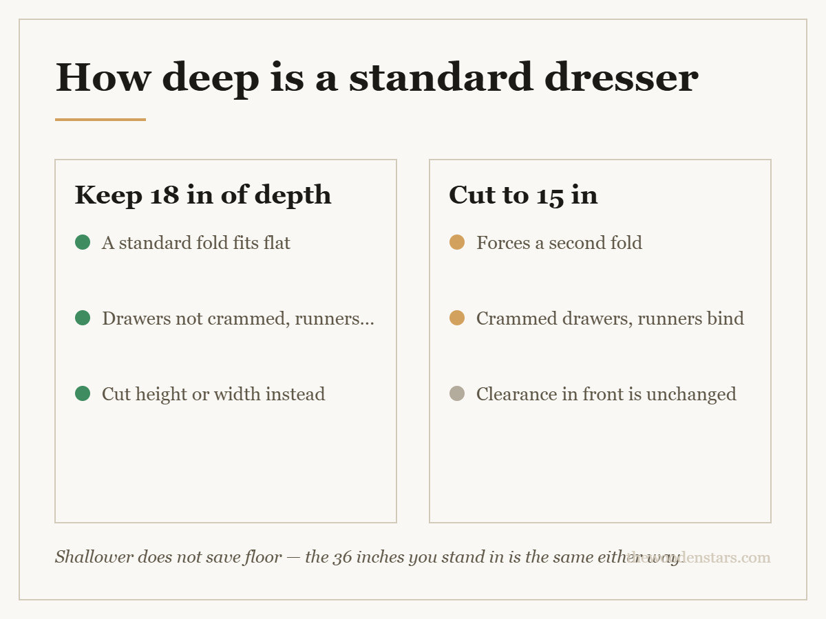 Comparison card for how deep is a standard dresser: Keep 18 in of depth — A standard fold fits flat; Drawers not crammed, runners last; Cut height or width instead. Cut to 15 in — Forces a second fold; Crammed drawers, runners bind; Clearance in front is unchanged.