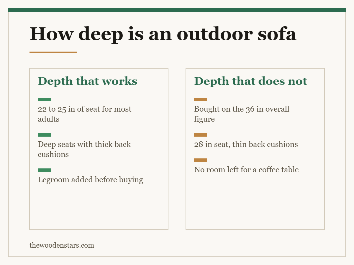 Comparison card for how deep is an outdoor sofa: Depth that works — 22 to 25 in of seat for most adults; Deep seats with thick back cushions; Legroom added before buying. Depth that does not — Bought on the 36 in overall figure; 28 in seat, thin back cushions; No room left for a coffee table.