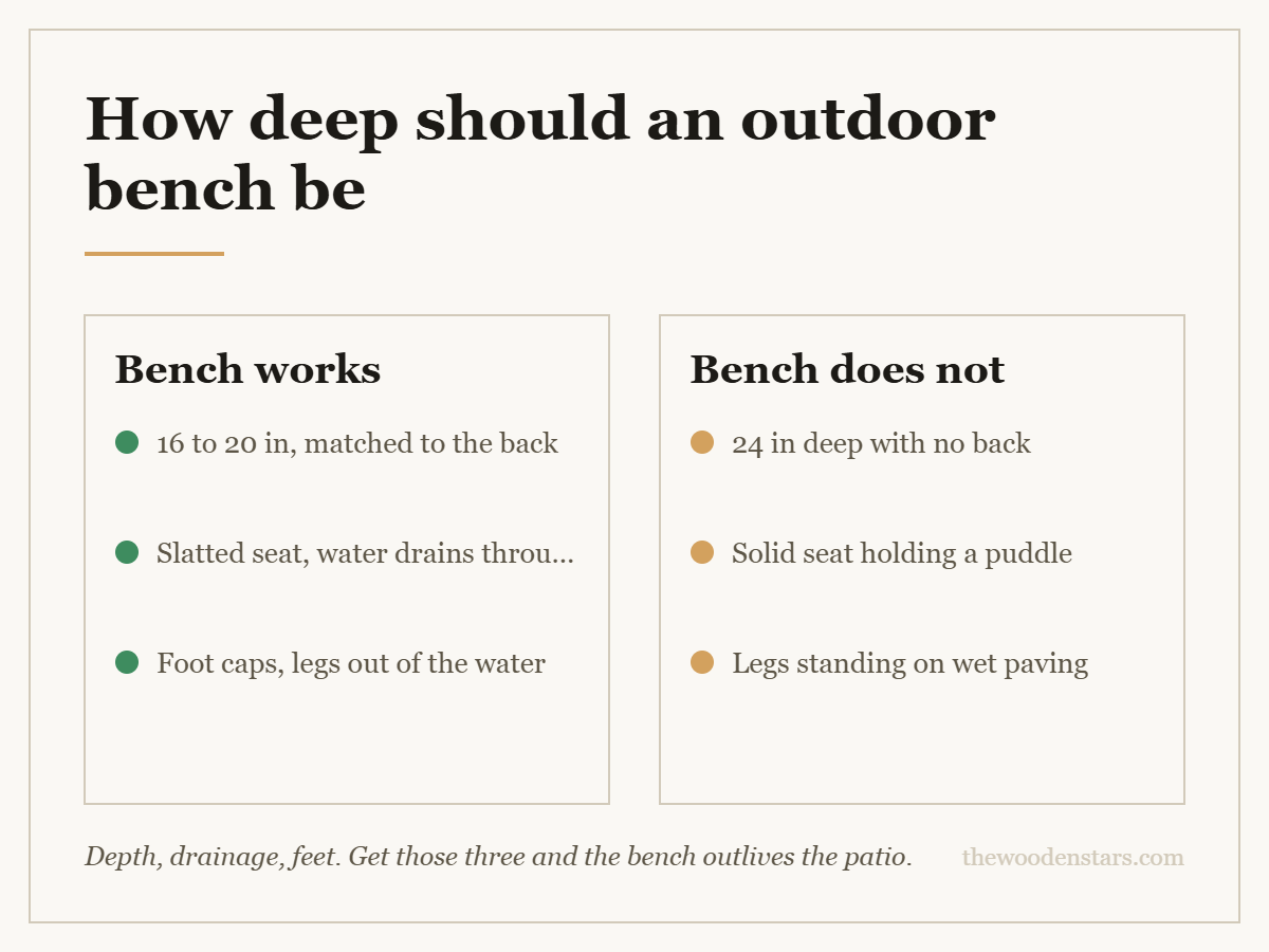 Comparison card for how deep should an outdoor bench be: Bench works — 16 to 20 in, matched to the back; Slatted seat, water drains through; Foot caps, legs out of the water. Bench does not — 24 in deep with no back; Solid seat holding a puddle; Legs standing on wet paving.