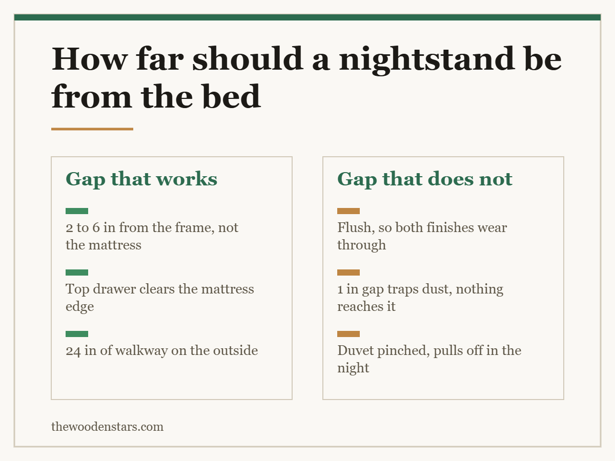 Comparison card for how far should a nightstand be from the bed: Gap that works — 2 to 6 in from the frame, not the mattress; Top drawer clears the mattress edge; 24 in of walkway on the outside. Gap that does not — Flush, so both finishes wear through; 1 in gap traps dust, nothing reaches it; Duvet pinched, pulls off in the night.