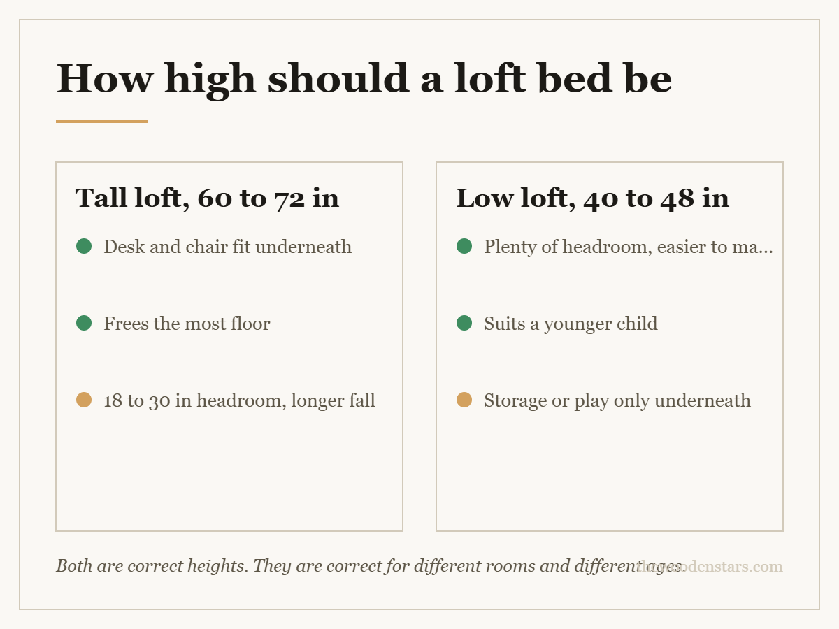 Comparison card for how high should a loft bed be: Tall loft, 60 to 72 in — Desk and chair fit underneath; Frees the most floor; 18 to 30 in headroom, longer fall. Low loft, 40 to 48 in — Plenty of headroom, easier to make; Suits a younger child; Storage or play only underneath.