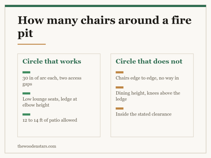 Comparison card for how many chairs around a fire pit: Circle that works — 30 in of arc each, two access gaps; Low lounge seats, ledge at elbow height; 12 to 14 ft of patio allowed. Circle that does not — Chairs edge to edge, no way in; Dining height, knees above the ledge; Inside the stated clearance.