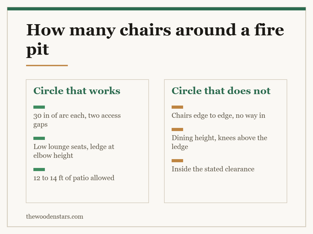 Comparison card for how many chairs around a fire pit: Circle that works — 30 in of arc each, two access gaps; Low lounge seats, ledge at elbow height; 12 to 14 ft of patio allowed. Circle that does not — Chairs edge to edge, no way in; Dining height, knees above the ledge; Inside the stated clearance.
