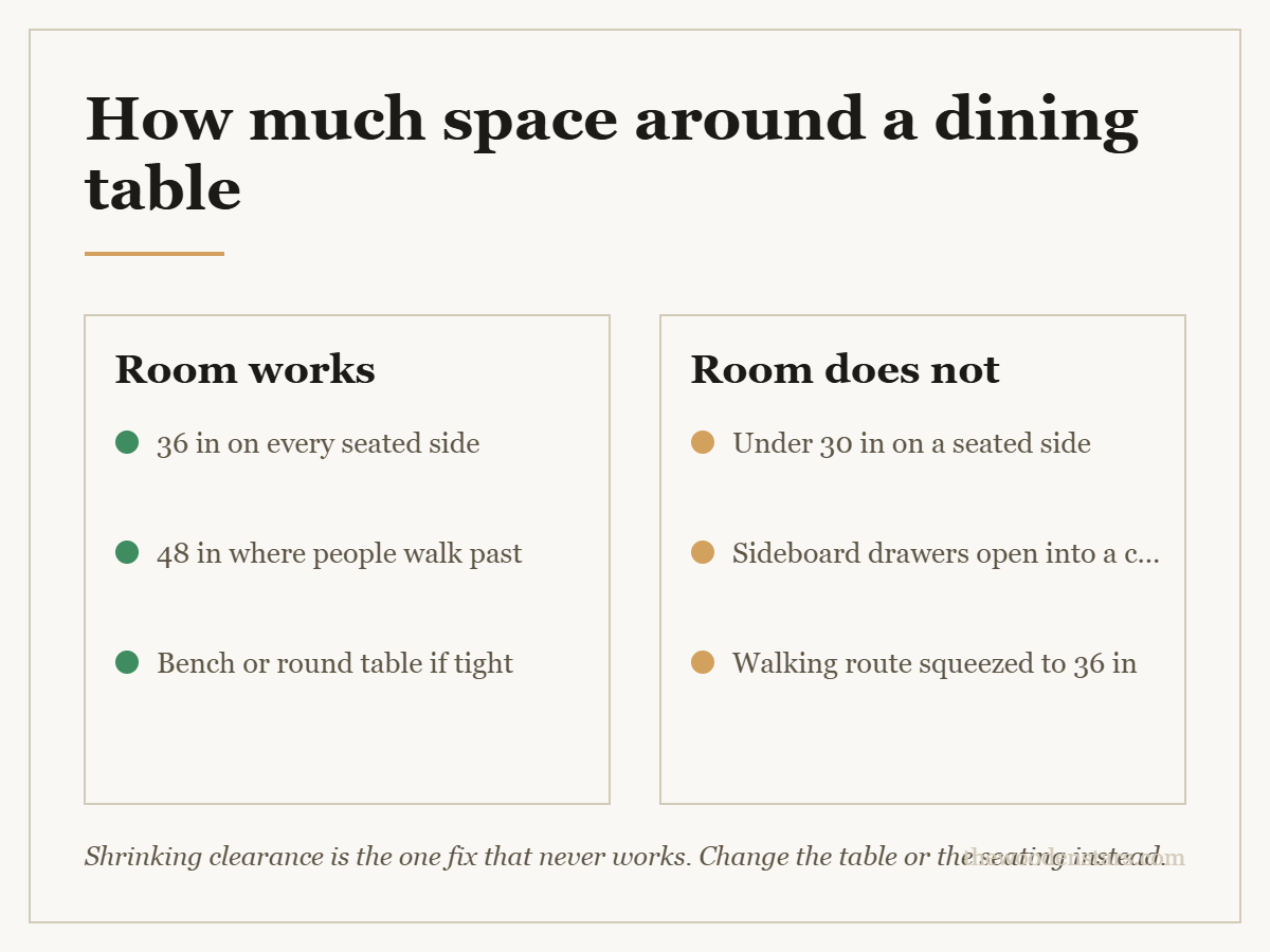 Comparison card for how much space around a dining table: Room works — 36 in on every seated side; 48 in where people walk past; Bench or round table if tight. Room does not — Under 30 in on a seated side; Sideboard drawers open into a chair; Walking route squeezed to 36 in.