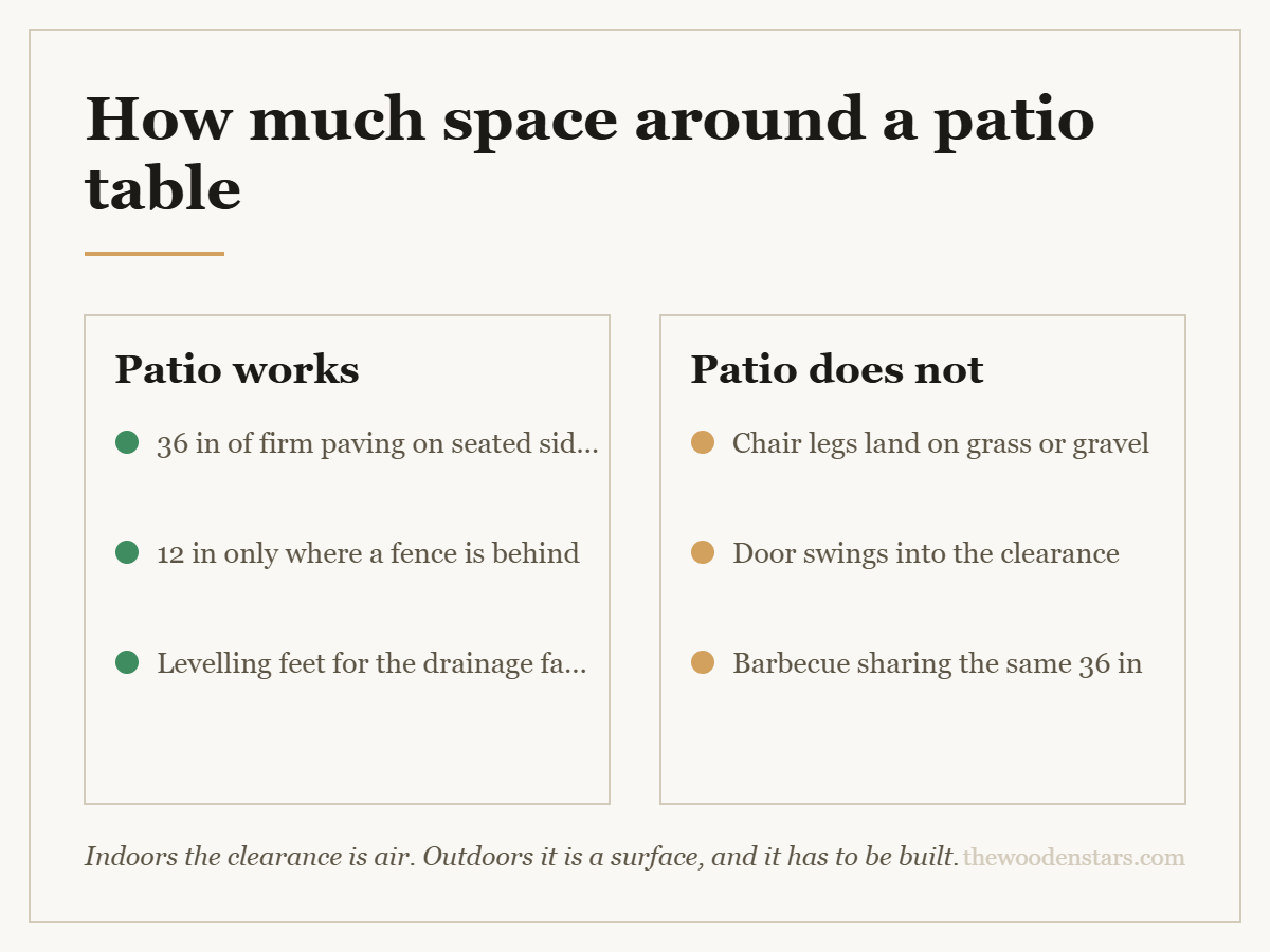 Comparison card for how much space around a patio table: Patio works — 36 in of firm paving on seated sides; 12 in only where a fence is behind; Levelling feet for the drainage fall. Patio does not — Chair legs land on grass or gravel; Door swings into the clearance; Barbecue sharing the same 36 in.