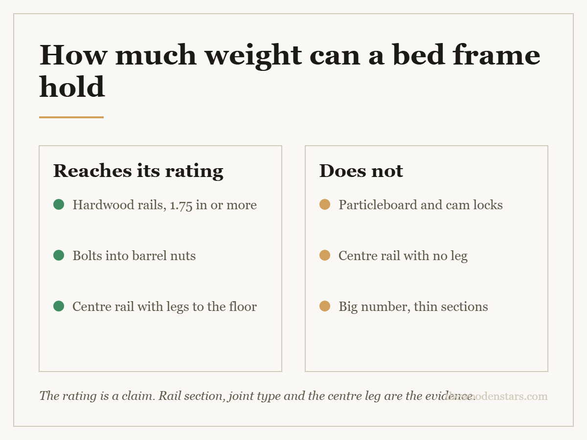 Comparison card for how much weight can a bed frame hold: Reaches its rating — Hardwood rails, 1.75 in or more; Bolts into barrel nuts; Centre rail with legs to the floor. Does not — Particleboard and cam locks; Centre rail with no leg; Big number, thin sections.