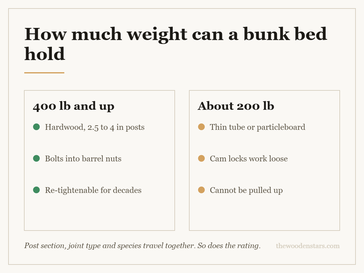 Comparison card for how much weight can a bunk bed hold: 400 lb and up — Hardwood, 2.5 to 4 in posts; Bolts into barrel nuts; Re-tightenable for decades. About 200 lb — Thin tube or particleboard; Cam locks work loose; Cannot be pulled up.