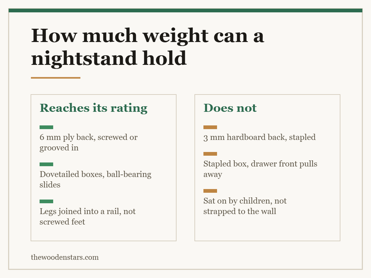 Comparison card for how much weight can a nightstand hold: Reaches its rating — 6 mm ply back, screwed or grooved in; Dovetailed boxes, ball-bearing slides; Legs joined into a rail, not screwed feet. Does not — 3 mm hardboard back, stapled; Stapled box, drawer front pulls away; Sat on by children, not strapped to the wall.
