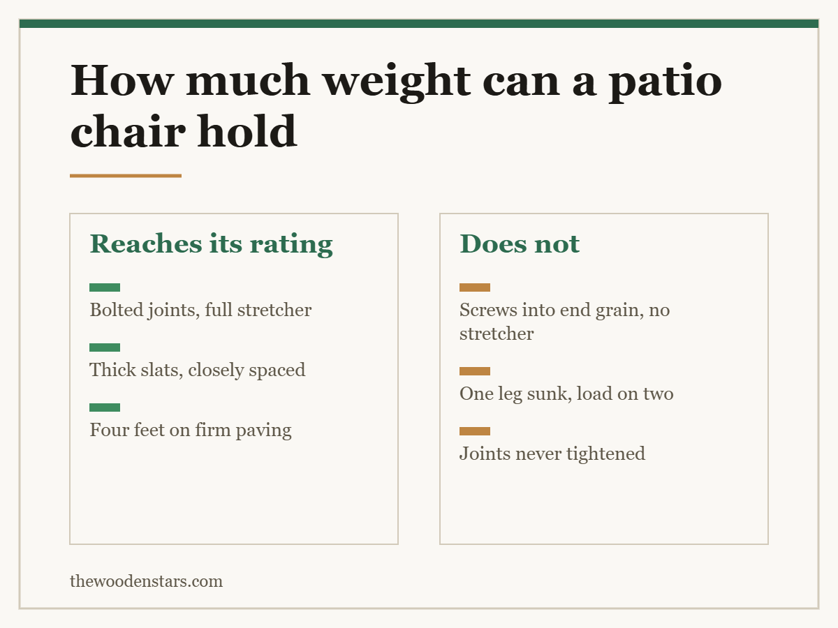 Comparison card for how much weight can a patio chair hold: Reaches its rating — Bolted joints, full stretcher; Thick slats, closely spaced; Four feet on firm paving. Does not — Screws into end grain, no stretcher; One leg sunk, load on two; Joints never tightened.