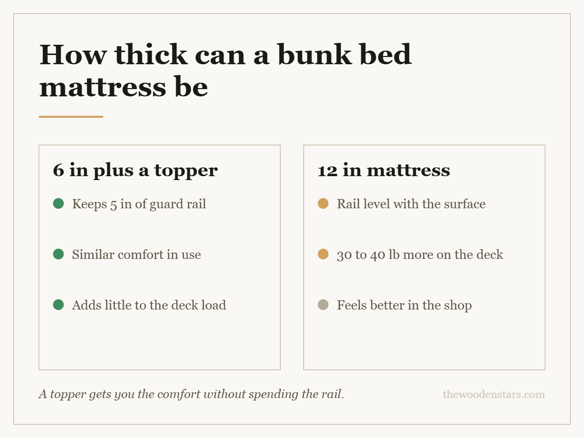Comparison card for how thick can a bunk bed mattress be: 6 in plus a topper — Keeps 5 in of guard rail; Similar comfort in use; Adds little to the deck load. 12 in mattress — Rail level with the surface; 30 to 40 lb more on the deck; Feels better in the shop.