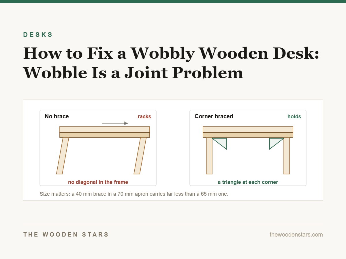 A desk frame racking sideways, and the same frame with a triangular brace at each corner