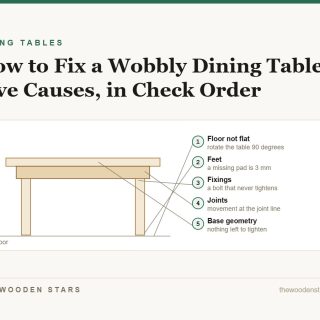 A table elevation with the five causes of wobble numbered in the order to check them