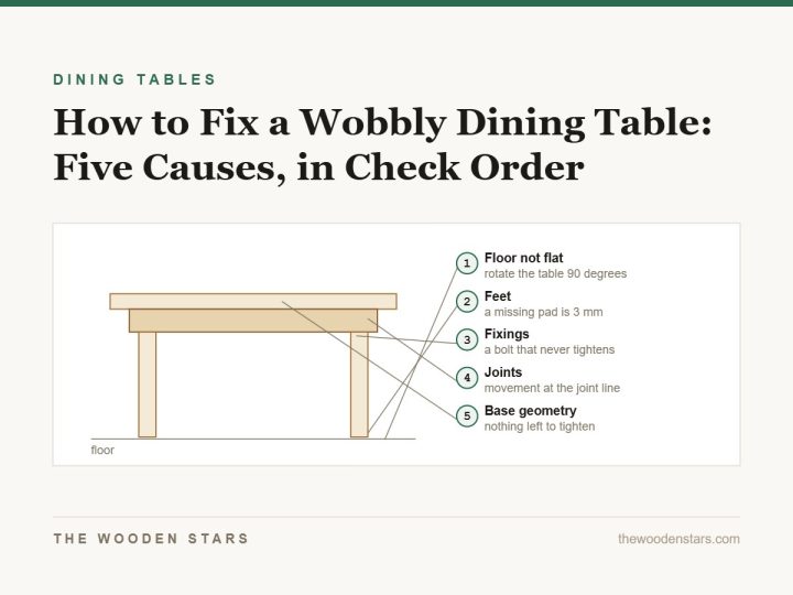A table elevation with the five causes of wobble numbered in the order to check them