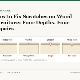 Four scratch depths shown in cross-section, from a finish scuff to bare wood