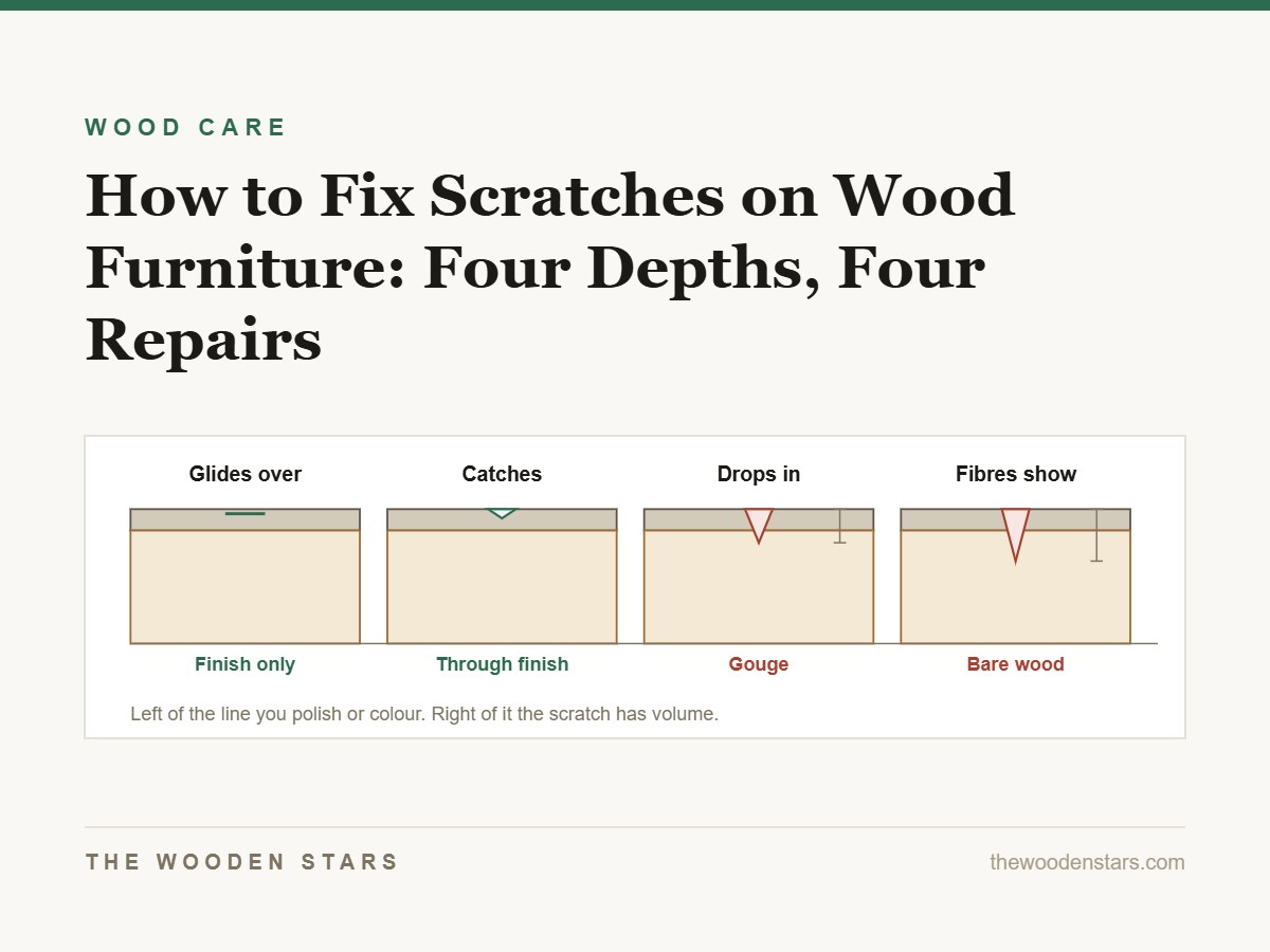 Four scratch depths shown in cross-section, from a finish scuff to bare wood
