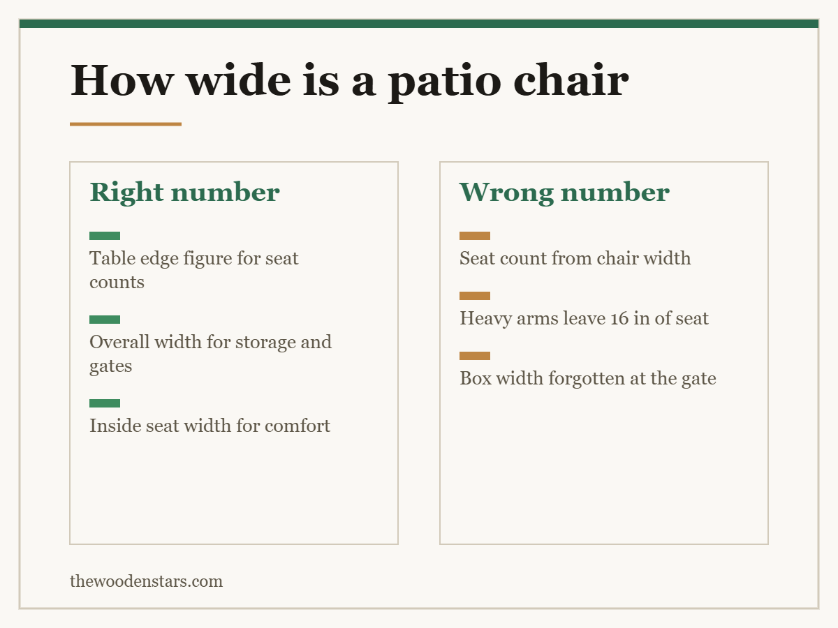 Comparison card for how wide is a patio chair: Right number — Table edge figure for seat counts; Overall width for storage and gates; Inside seat width for comfort. Wrong number — Seat count from chair width; Heavy arms leave 16 in of seat; Box width forgotten at the gate.