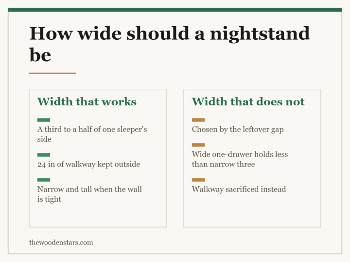 Comparison card for how wide should a nightstand be: Width that works — A third to a half of one sleeper's side; 24 in of walkway kept outside; Narrow and tall when the wall is tight. Width that does not — Chosen by the leftover gap; Wide one-drawer holds less than narrow three; Walkway sacrificed instead.